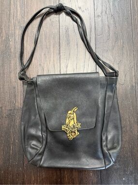 Collins Classic Black Leather Shoulder Bag with Gold Horse Accent